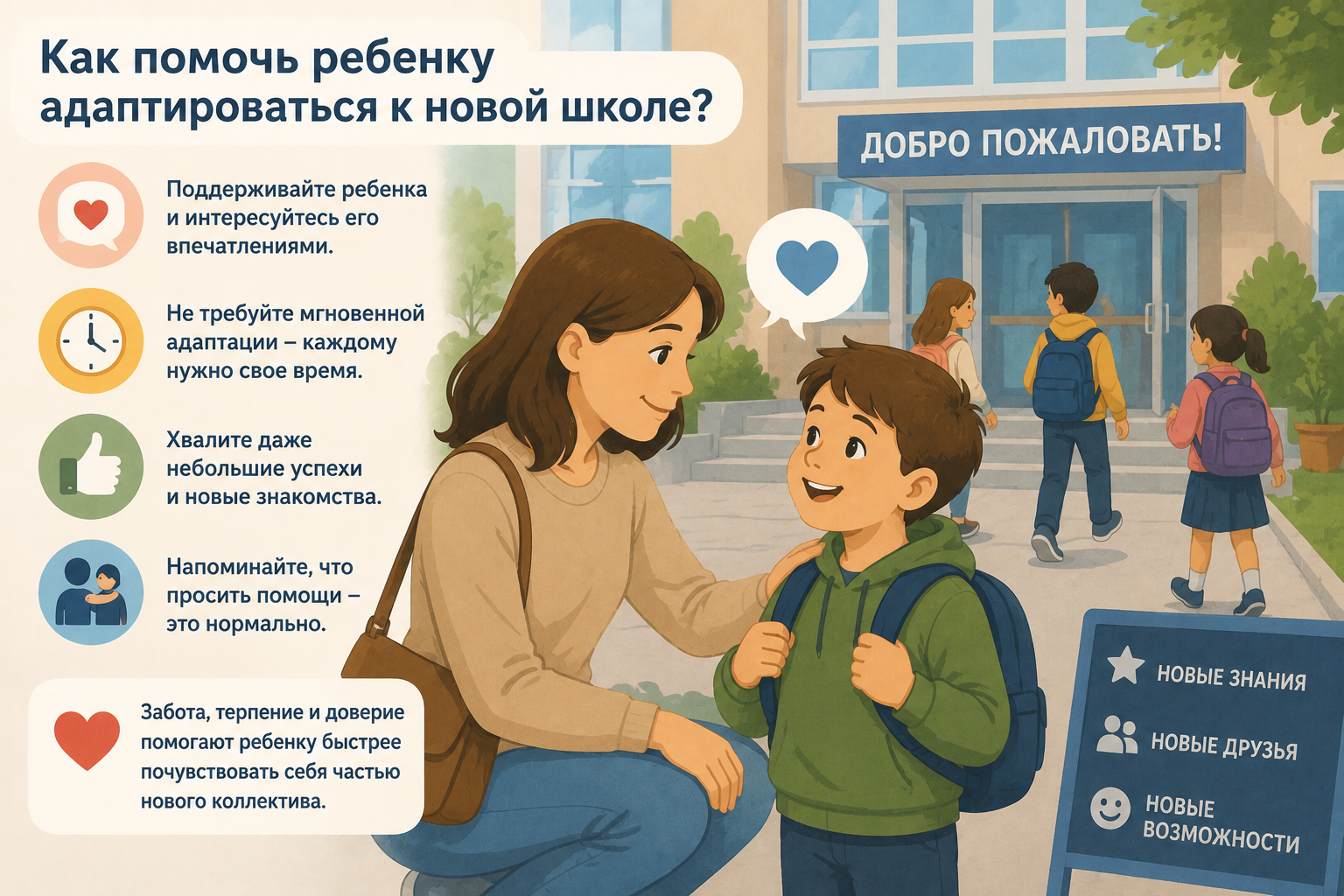 Балаға жаңа мектепке бейімделуге қалай көмектесуге болады?